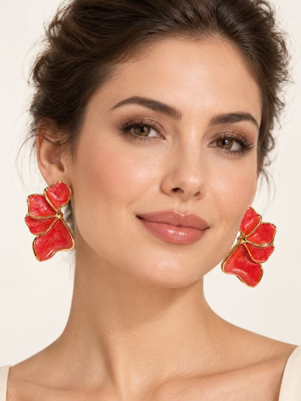 Red Floral Petal Statement Earrings with Gold Tone Trim